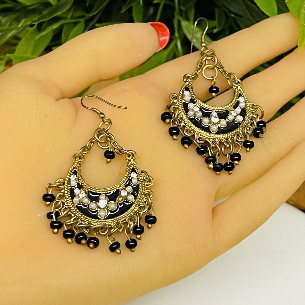 Vintage Beaded Dangle Earrings Ethnic Tribe Chain Gypsy Black Antiqued Gold 1303 - Picture 2 of 6